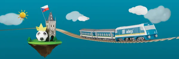 Illustration mit alex-Zug, Prager Turm, tschechischer Flagge, Fußball und Papierkrone auf grüner Insel.