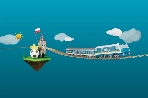 Illustration mit alex-Zug, Prager Turm, tschechischer Flagge, Fußball und Papierkrone auf grüner Insel