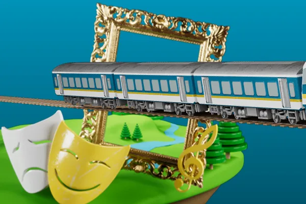 alex-Zug fährt vor goldenem Bilderrahmen, daneben Theatermasken und Musiknote.