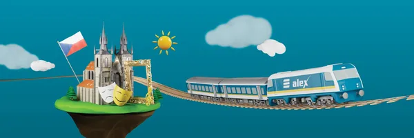 Illustration mit alex-Zug, Prager Wahrzeichen, tschechischer Flagge, goldenem Bilderrahmen und Theatermasken.