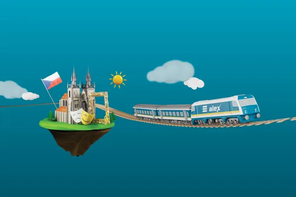 Illustration mit alex-Zug, Prager Wahrzeichen, tschechischer Flagge, goldenem Bilderrahmen und Theatermasken.