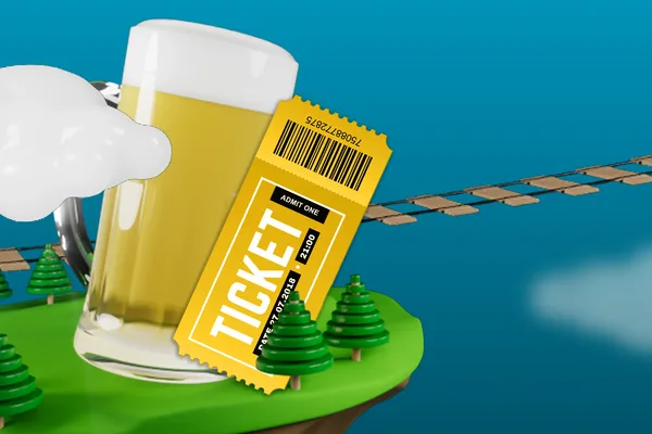 Bierglas und gelbes Ticket auf grüner Insel mit kleinen Bäumen und Wolken.