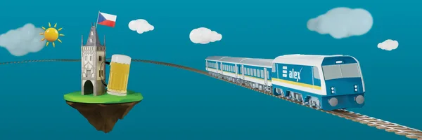 Grafik mit alex-Zug, Prager Turm, tschechischer Flagge, Bierglas und gelbem Ticket auf blauem Hintergrund.