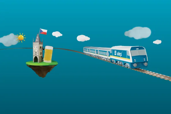 Grafik mit alex-Zug, Prager Turm, tschechischer Flagge, Bierglas und gelbem Ticket auf blauem Hintergrund.