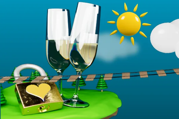 Zwei Sektgläser und goldenes Vorhängeschloss mit Herz auf grüner Insell, daneben Sonne und Wolken.