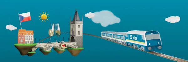 Illustration mit alex-Zug, Prager Turm, tschechischer Flagge, zwei Sektgläsern und Liebesschloss.