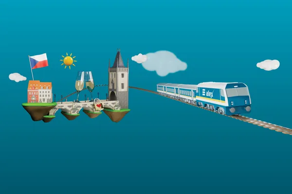 Illustration mit alex-Zug, Prager Turm, tschechischer Flagge, zwei Sektgläsern und Liebesschloss.