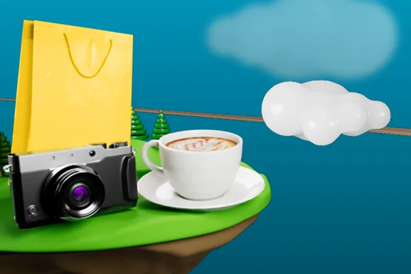 Gelbe Einkaufstasche, Kamera und Cappuccino auf grüner Insel mit Wolken im Hintergrund.