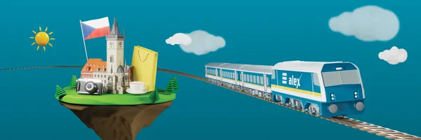 Grafik mit alex-Zug, Prager Turm, tschechischer Flagge, gelber Einkaufstasche und Kamera.