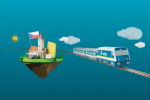 Grafik mit alex-Zug, Prager Turm, tschechischer Flagge, gelber Einkaufstasche und Kamera.