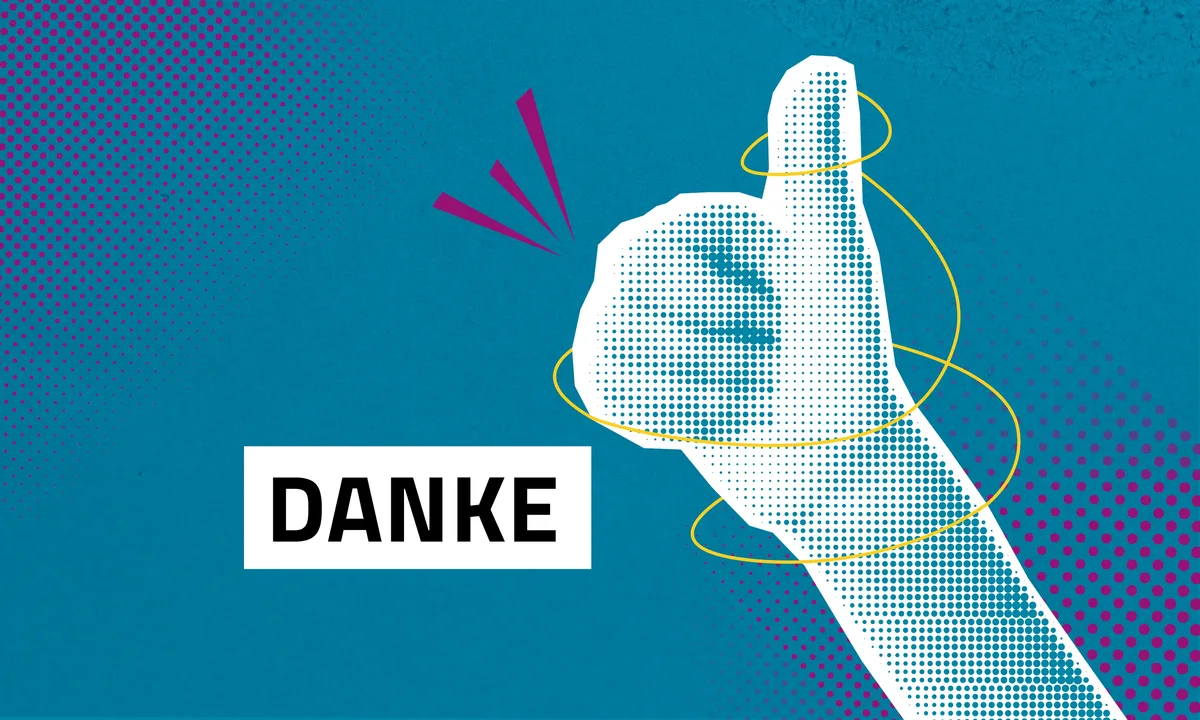 Grafik mit Hand, die Daumen hoch zeigt, gelbe Kreise und Text ‚Danke‘.