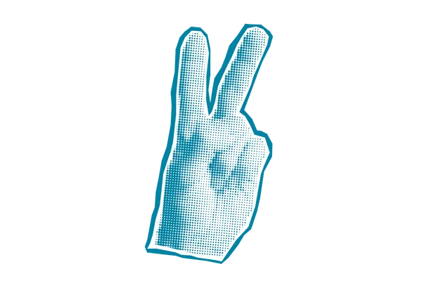 Illustration einer Hand, die das Peace-Zeichen zeigt, in blauem Grafikstil.