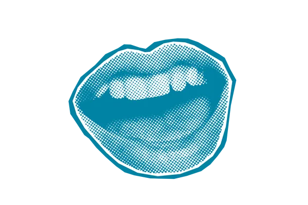 Illustration eines geöffneten Mundes in blauem Grafikstil.