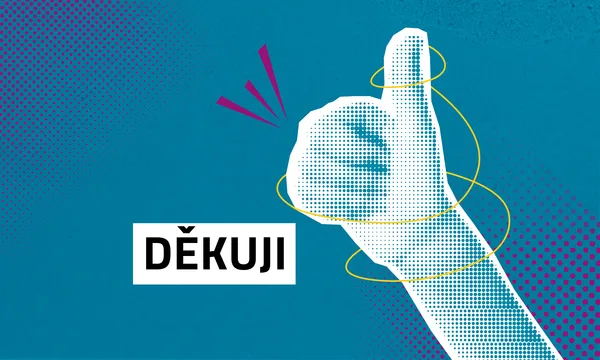 Grafika s rukou ukazující palec nahoru, žluté kruhy a text ‚Děkuji‘.