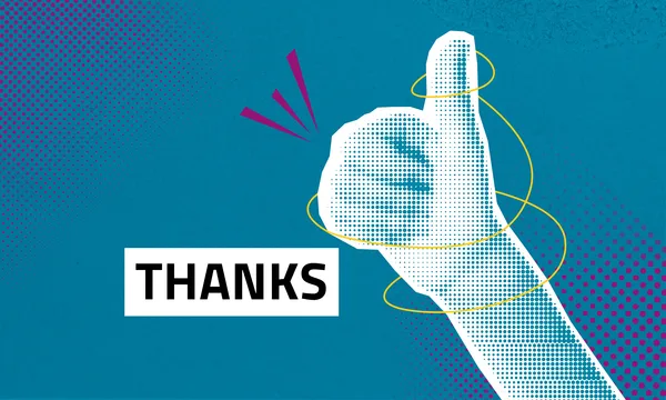 Graphic with hand showing thumbs up, yellow circles and text ‘Thanks’.