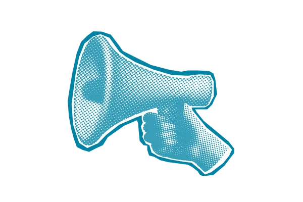 Ilustrace ruky držící megafon v modrém grafickém stylu.