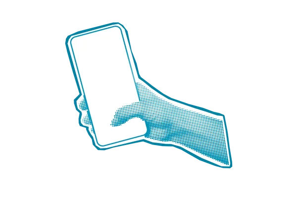 Ilustrace ruky držící smartphone v modrém grafickém stylu.