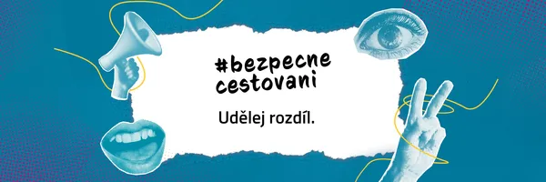 Grafika s textem ‚#bezpecne cestovani – Udělej rozdíl‘, obklopená ilustracemi oka, úst, megafonu a ruky ukazující znak míru na modrém pozadí.