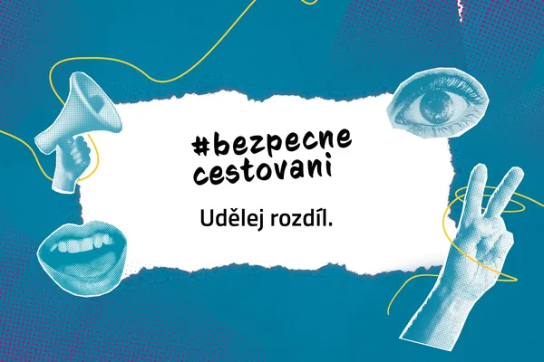Grafika s textem ‚#bezpecne cestovani – Udělej rozdíl‘, obklopená ilustracemi oka, úst, megafonu a ruky ukazující znak míru na modrém pozadí.
