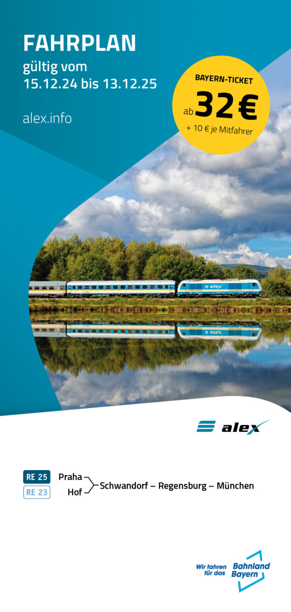 Leták jízdního řádu alex s fotografií krajiny, platný od 15.12.24 do 13.12.25, trasa Praha–Schwandorf–Řezno–Mnichov.