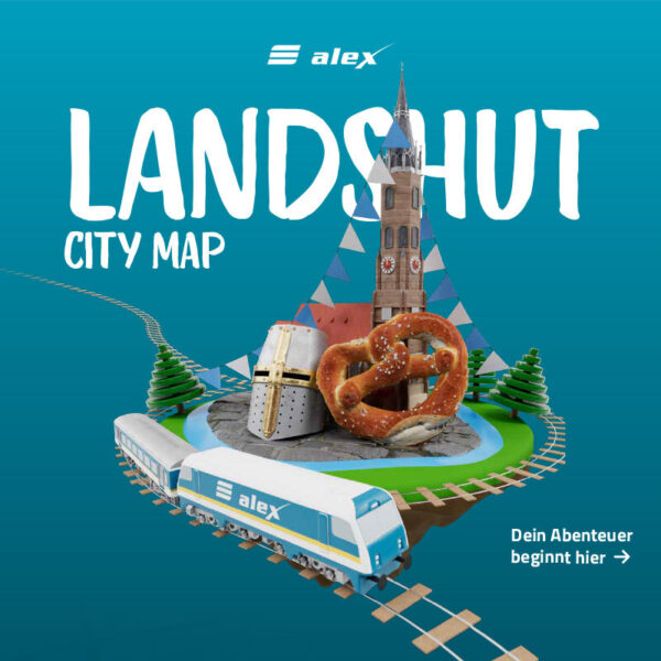 Illustration mit Landshuter Stadtturm, alex-Zug, Brezel und mittelalterliche Rüstung, Text ‚Landshut City Map‘.