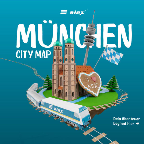 Illustration mit Münchner Frauenkirche, alex-Zug, Lebkuchenherz, Fernsehturm und Bayern-Flagge, Text ‚München City Map‘.