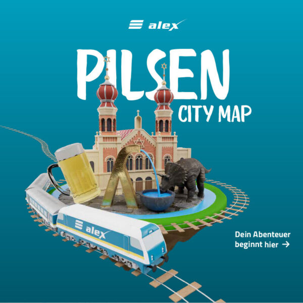Grafik mit Pilsener Synagoge, alex-Zug, Bierglas und Goldener Brunnen, Text ‚Pilsen City Map‘.
