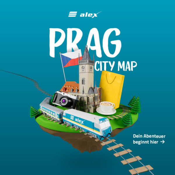 Grafik mit Prager Altstadt, alex-Zug, Kamera und Kaffee, Text ‚Prag City Map‘.
