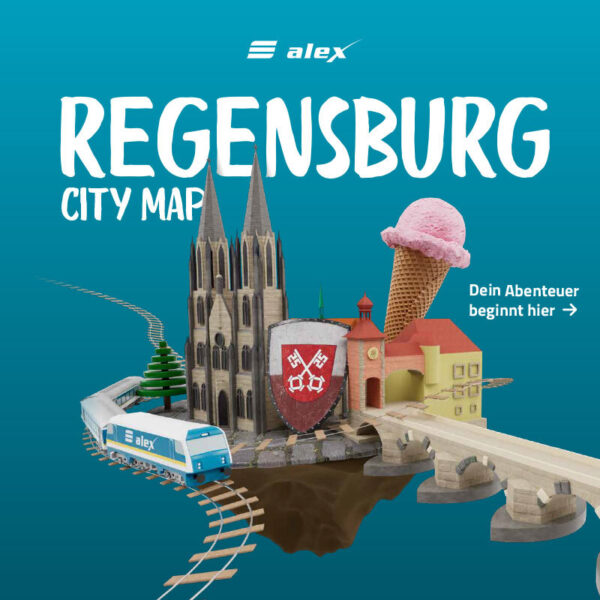 Grafik mit Regensburger Dom, alex-Zug, Eiscreme und Stadtwappen, Text ‚Regensburg City Map‘ und Hinweis ‚Dein Abenteuer beginnt hier‘.