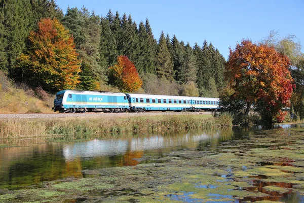 Obrázek zobrazuje vlak alex společnosti Die Länderbahn GmbH DLB na trati v Bavorsku. V popředí je vidět vlak, v pozadí se rozprostírá zelená krajina pod modrou oblohou. Foto: Henry Wend.