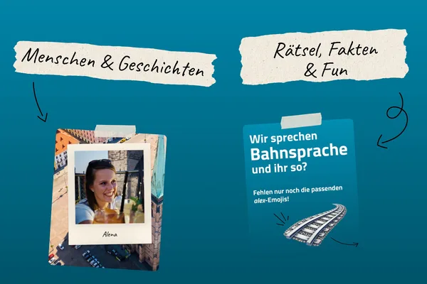 Collage mit verschiedenen Themenbereichen des alex-Instagram-Kanals. Zu sehen sind die Rubriken „Menschen & Geschichten“ und „Rätsel, Fakten & Fun“ mit dazugehörigen Bildmotiven.