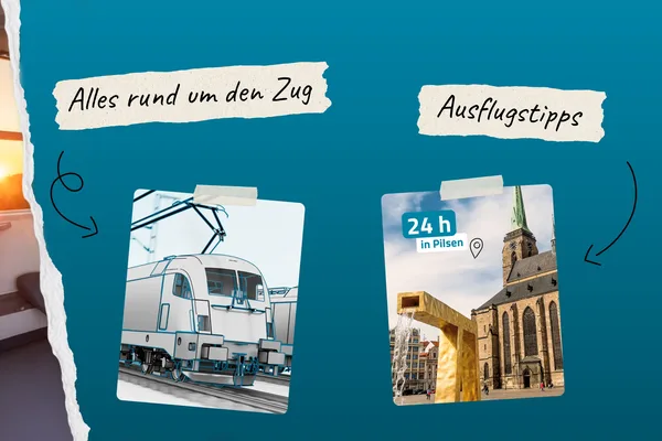 Grafik mit Beispielen aus dem alex-Instagram-Kanal. Dargestellt sind ein Beitrag zu Bahntechnik mit einer Lokomotiv-Illustration sowie ein Ausflugstipp nach Pilsen mit einem Foto des Doms und eines Brunnens.