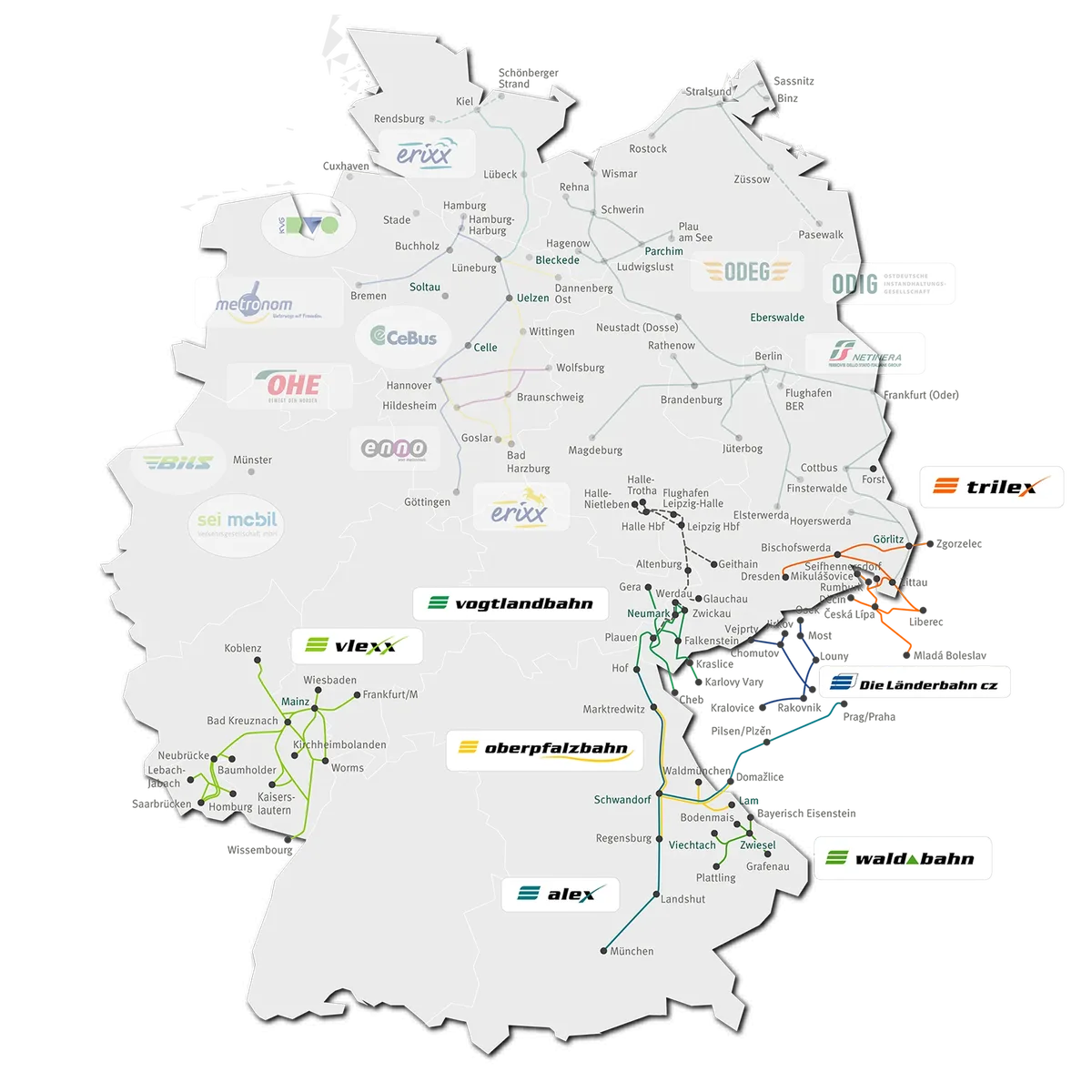 Deutschlandkarte mit farbigen Linien für Bahnverbindungen. Markiert sind alle Verkehrsunternehmen, die zur NETINERA-Gruppe gehören.