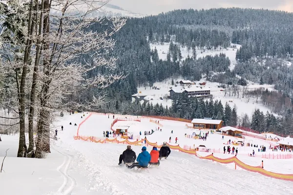 Schlittenfahren am Großen Arber, mit Blick zum Brennes