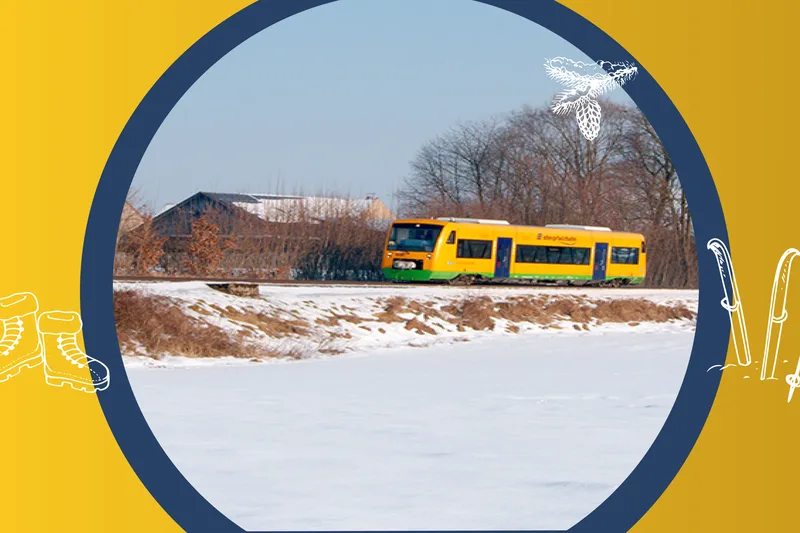 Ein gelb-grüner Triebwagen vom Typ Regio-Shuttle der oberpfalzbahn fährt an einem winterlichen Feldrand nahe Pösing entlang. Im Hintergrund stehen Bäume und einzelne Gebäude, der Boden ist schneebedeckt.
