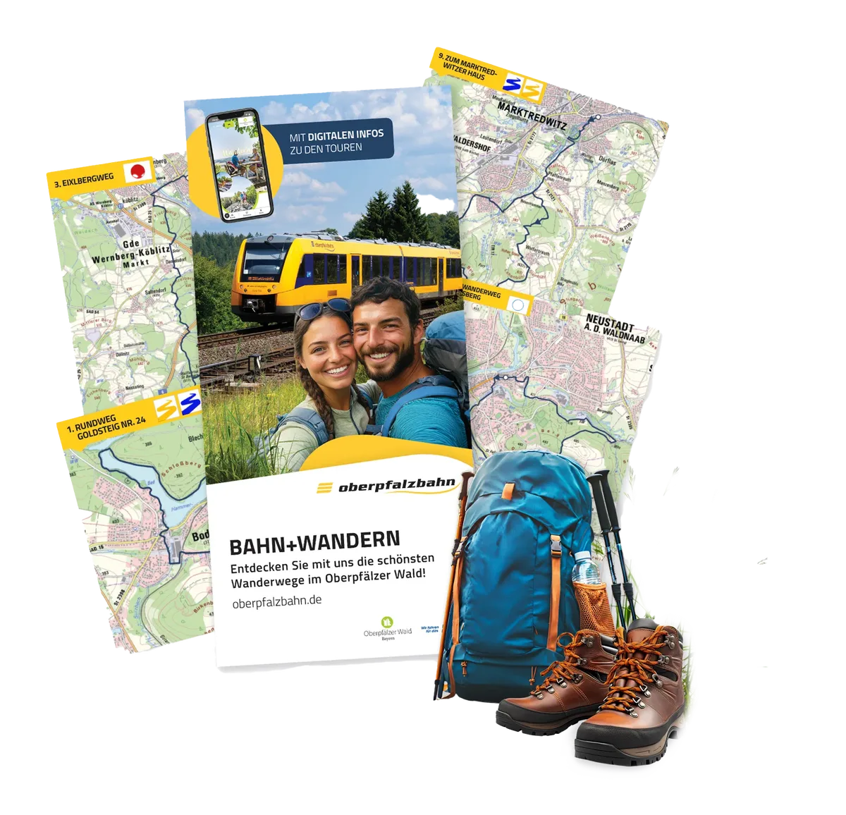 Auswahl an Wanderkarten, Prospekten der Länderbahn und Wanderausrüstung