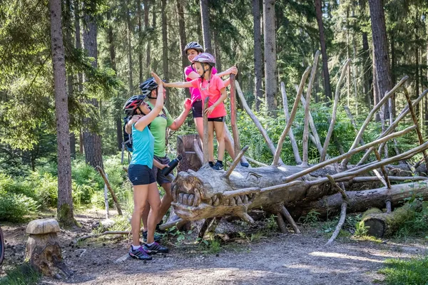 Zwei Kinder mit Fahrradhelmen auf dem Kopf auf einem Baumstamm herum. Ihre Eltern stehen mit Fahrradhelmen auf dem Kopf daneben und klatschen sie ab.