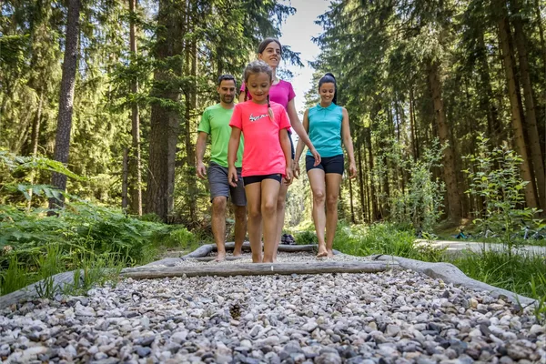 Eine Familie geht in einem Waldstück einen Barfußpfad mit Kieselsteinen entlang.