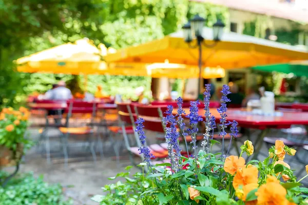 Außenbereich eines Cafés mit Tischen, Stühlen und Sonnenschirmen im Grünen