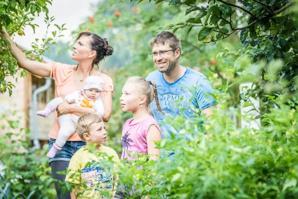 Familie steht gemeinsam in einem grünen Gartenbereich und betrachtet Pflanzen