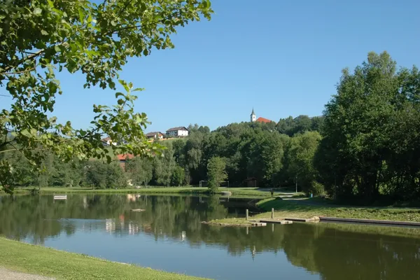 Ein See in einem Park umgeben von Wiesen und Bäumen