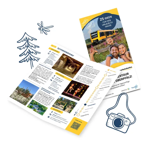 Ein Flyer mit verschiedenen Entdeckertouren und Ausflugszielen im Netz der oberpfalzbahn