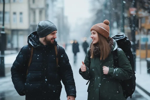 Eine Frau und ein Mann gehen eine Straße entlang, während es schneit.