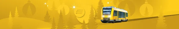 oberpfalzbahn fährt durch eine grafisch dargestellte, winterliche Landschaft mit festlicher Weihnachtsdekoration und Tannenbäumen.