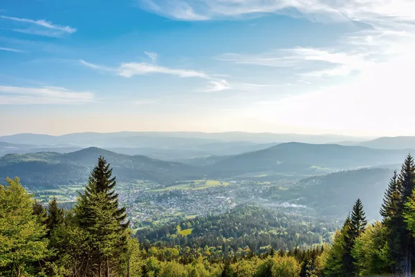 Weitläufige Aussicht über den Bayerischen Wald mit grünen Hügeln, Wäldern und blauem Himmel.