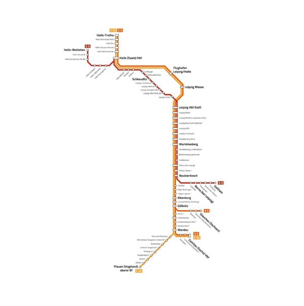 Die Grafik zeigt farbig markiert die Linien S3, S5 und S5X der S-Bahn Mitteldeutschland mit allen Haltestellen.