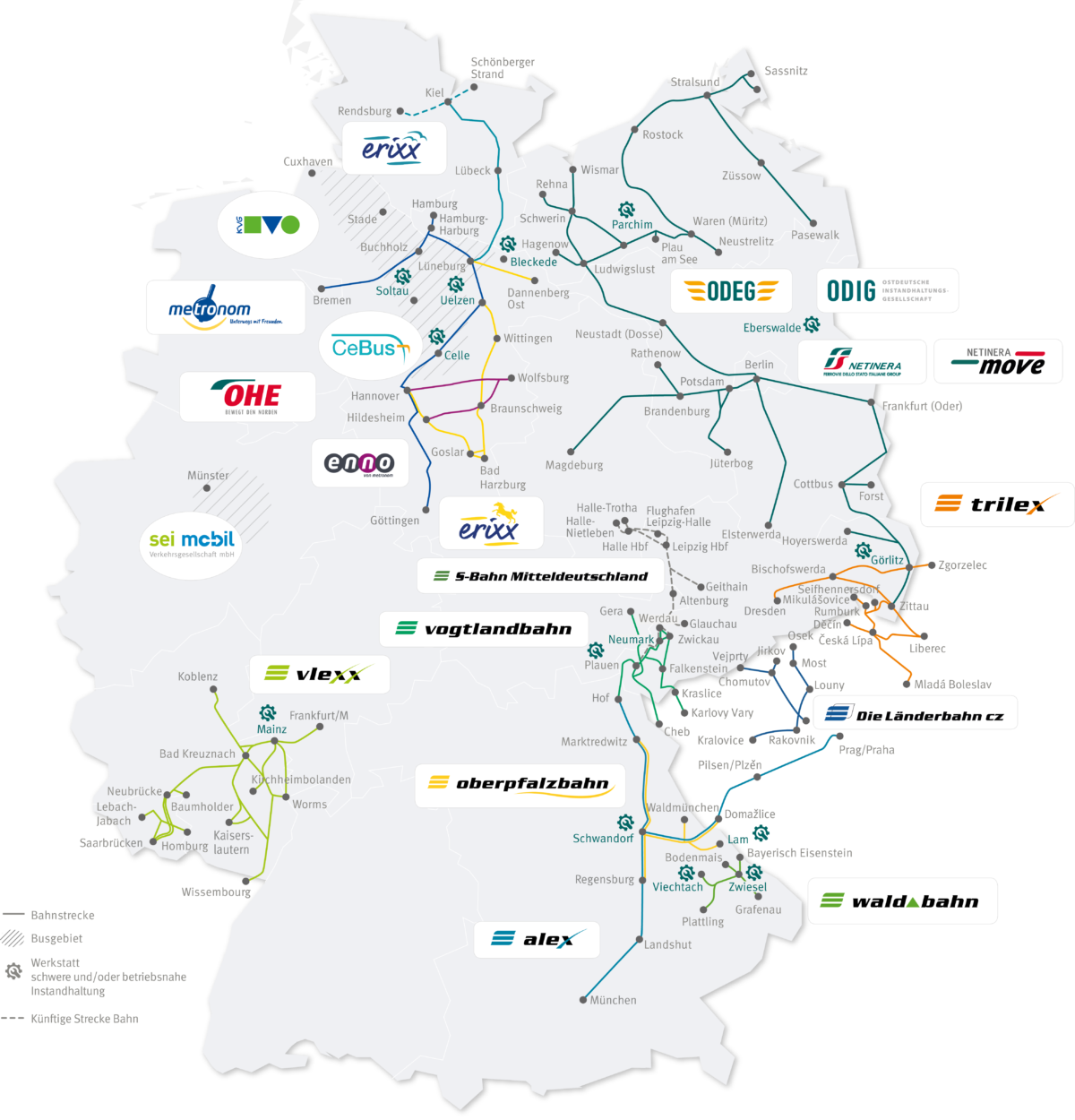 Deutschlandkarte mit farbigen Linien für Bahnverbindungen. Markiert sind alle Verkehrsunternehmen, die zur NETINERA-Gruppe gehören.