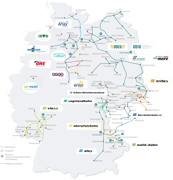 Deutschlandkarte mit farbigen Linien für Bahnverbindungen. Markiert sind alle Verkehrsunternehmen, die zur NETINERA-Gruppe gehören.