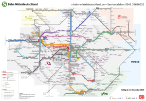 Zu sehen ist das gesamte, verkehrsverbundübergreifende Liniennetz der S-Bahn Mitteldeutschland.