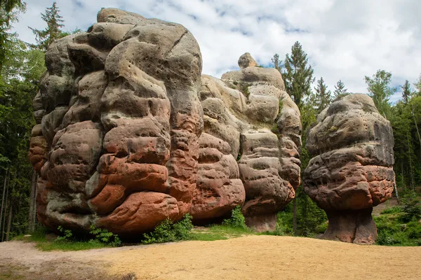 Blick auf drei vier Felsen im Zittauer Gebirge, die an Tiere erinnern und der Region den Namen "Steinzoo" geben,